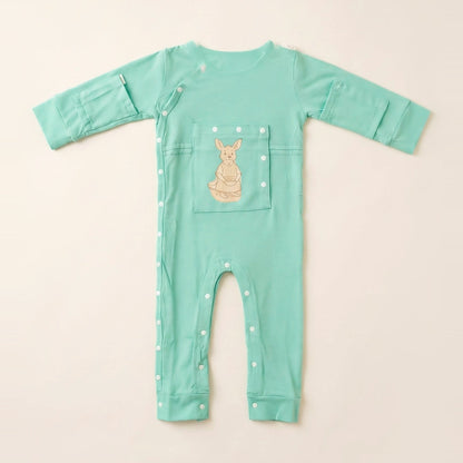 LineWear Chest Edition adaptive central line bodysuit in Calm Mint, laid flat with the PediaPouch chest pocket closed