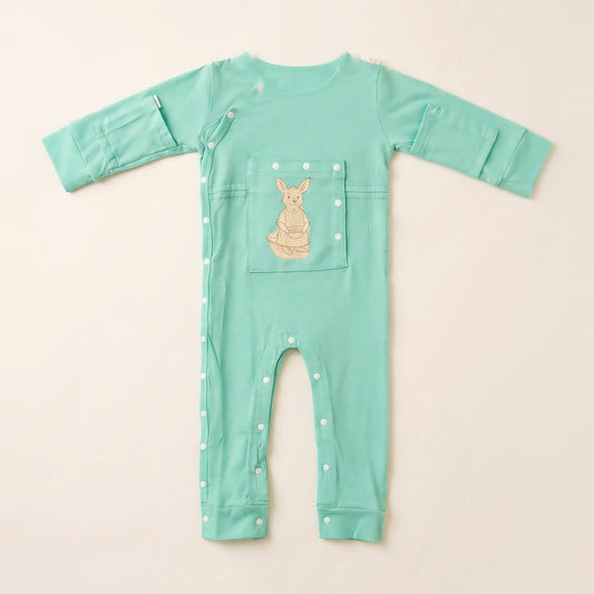 LineWear Chest Edition adaptive central line bodysuit in Calm Mint, laid flat with the PediaPouch chest pocket closed