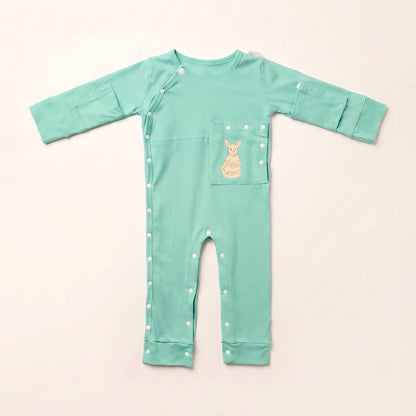 TubeWear adaptive G/J tube bodysuit in Calm Mint, laid flat with the PediaPouch tube pocket closed
