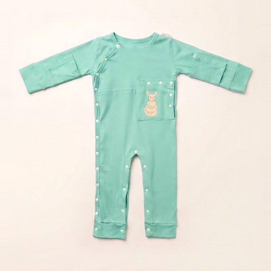 TubeWear adaptive G/J tube bodysuit in Calm Mint, laid flat with the PediaPouch tube pocket closed