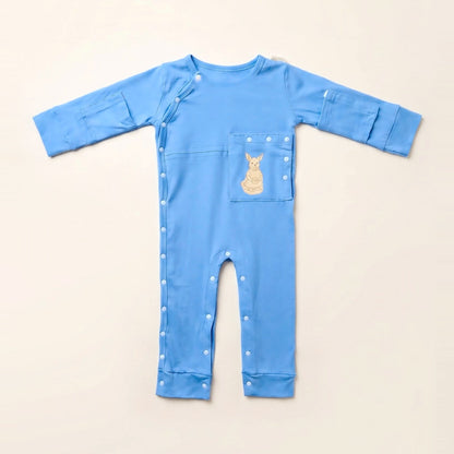 TubeWear adaptive G/J tube bodysuit in Sky Lullaby blue, laid flat with the PediaPouch tube pocket closed