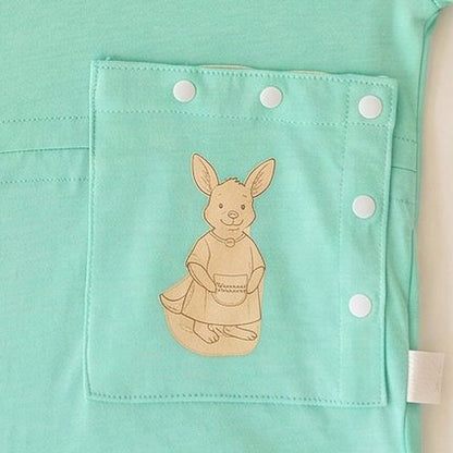 Close-up of the PediaPouch snap-close tube pocket with kangaroo detail on the TubeWear infant gown