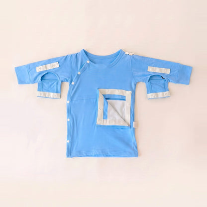Sky Lullaby blue G/J tube gown with the PediaPouch opened, showing the moisture-resistant interior lining